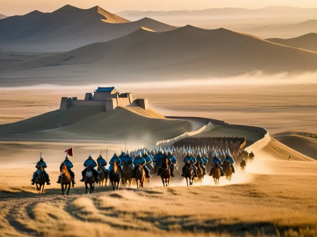 Imponente paisaje de la estepa euroasiática al atardecer, con guerreros mongoles a caballo y fortaleza