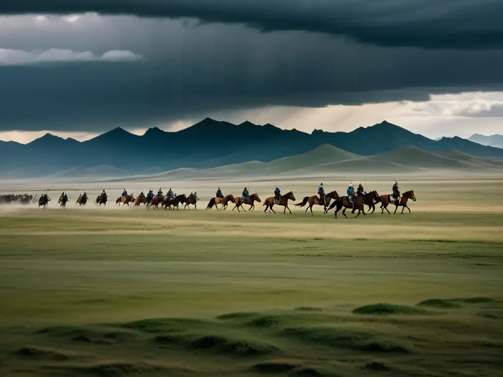 Imponente paisaje de la estepa mongol con guerreros a caballo y tácticas militares Imperio Mongol en un cielo amenazante