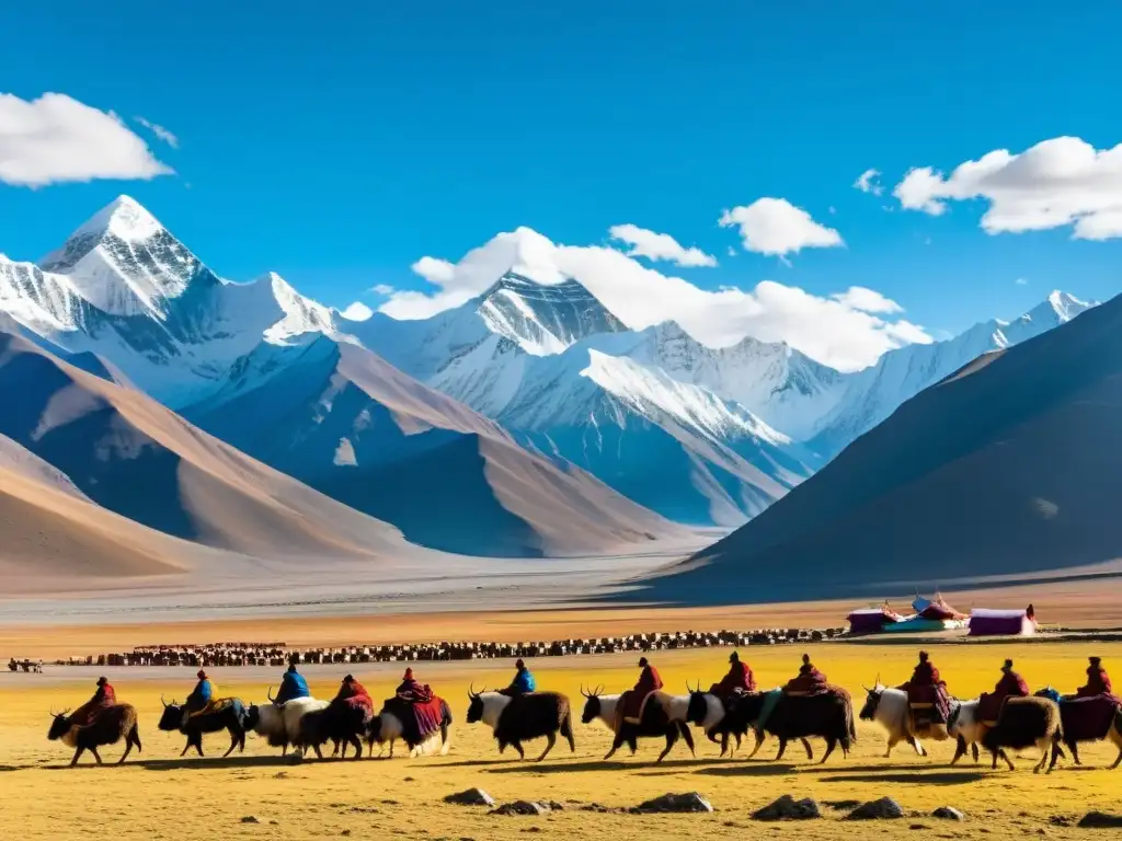 Imponente paisaje del Tíbet con monasterio, pastores de yak y oración al viento, legado del Imperio Mongol