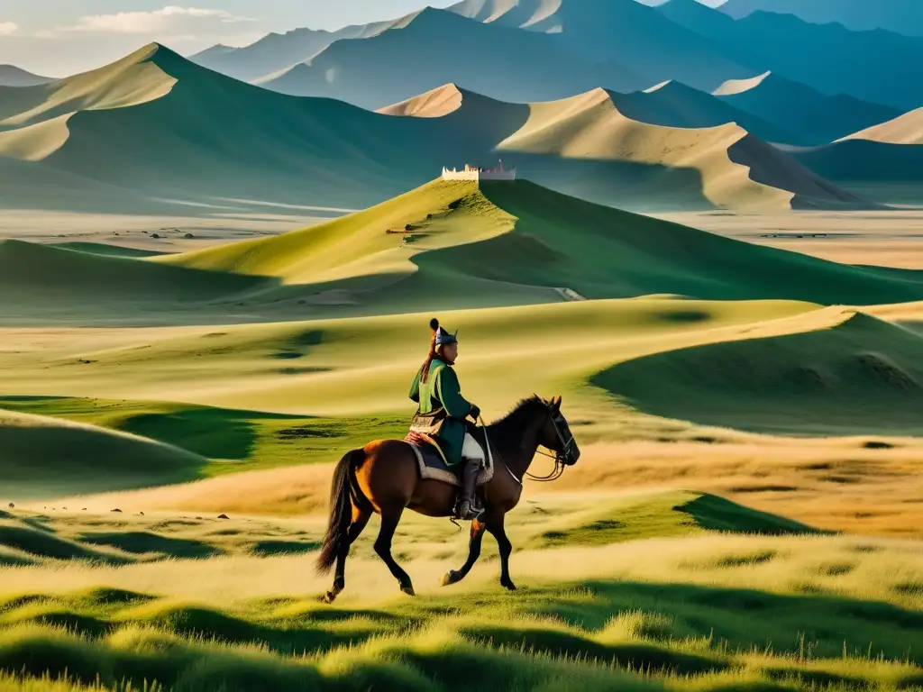 Imponente paisaje mongol en 8k con la figura de Genghis Khan a caballo, evocando el legado del gran Imperio