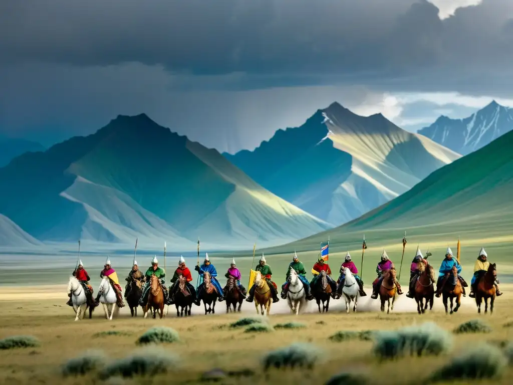 Imponente paisaje mongol con guerreros a caballo y estrategia de gobierno en el Imperio Mongol