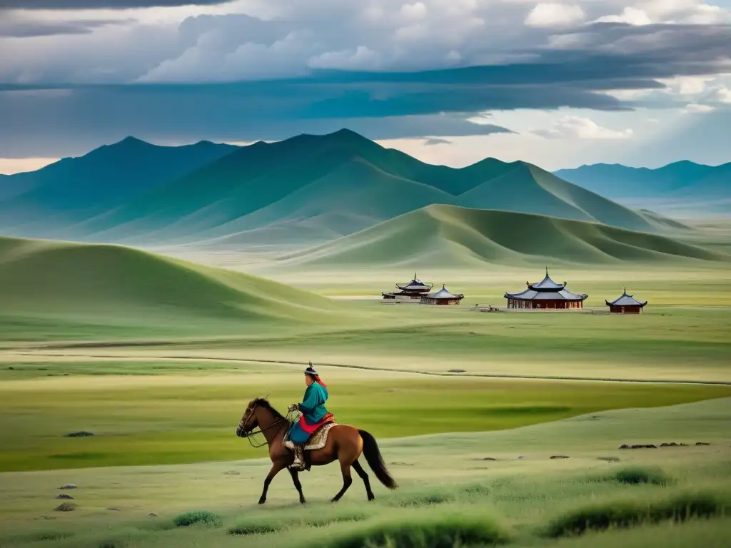 Imponente paisaje mongol con jinete y sistemas postales imperio mongol