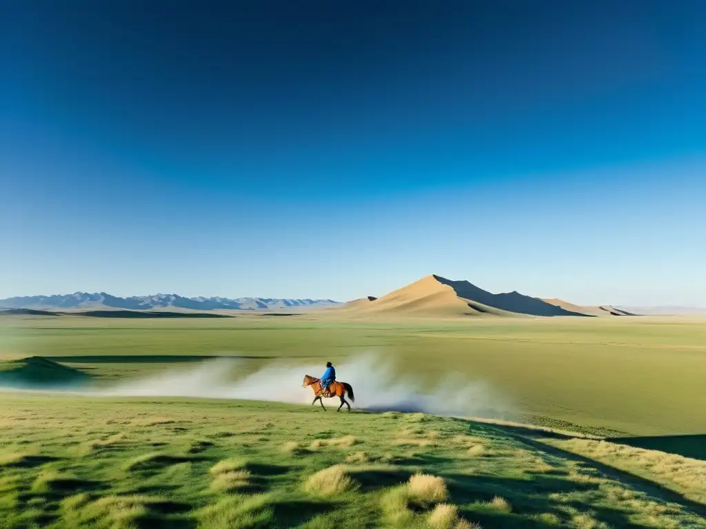 Imponente paisaje mongol con jinete solitario, evocando la conexión espiritual del Tengrismo y la historia de Genghis Khan