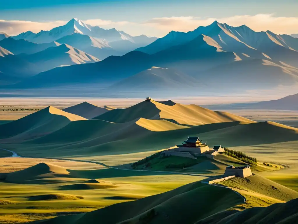 Fortificaciones milenarias y la majestuosidad de los Montes Altai en la vasta estepa mongola Imponente paisaje mongol con ruinas de fortificaciones y la majestuosidad de las Montañas Altai al fondo, evocando el legado de Tolui Khan