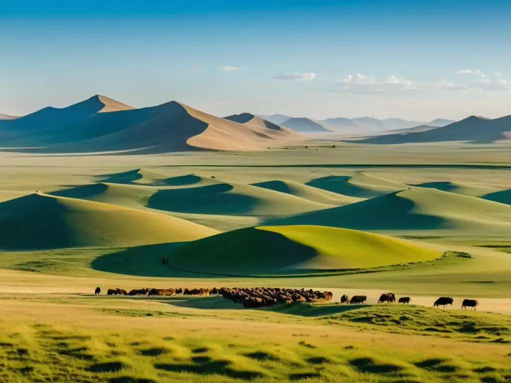 Imponente paisaje de la estepa mongol con pastores nómadas y tradicionales gers, evocando el espíritu del antiguo Imperio Mongol en Hollywood