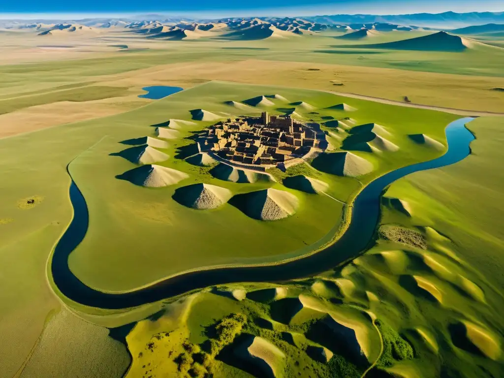 Imponente paisaje de la estepa mongola con ruinas antiguas, reflejando historia y tecnología arqueológica del Imperio Mongol