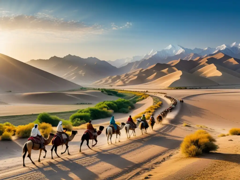 Imponente paisaje de la Ruta de la Seda en Asia Central, con caravanas y comerciantes entre montañas nevadas, reflejando el impacto de las conquistas mongolas en la región