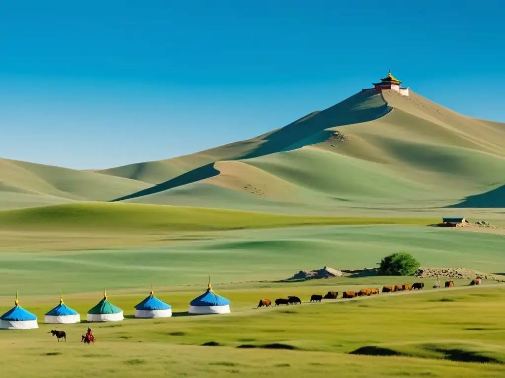 Imponente paisaje de la estepa mongola con un templo budista y pastores nómadas, reflejando el budismo en el imperio mongol