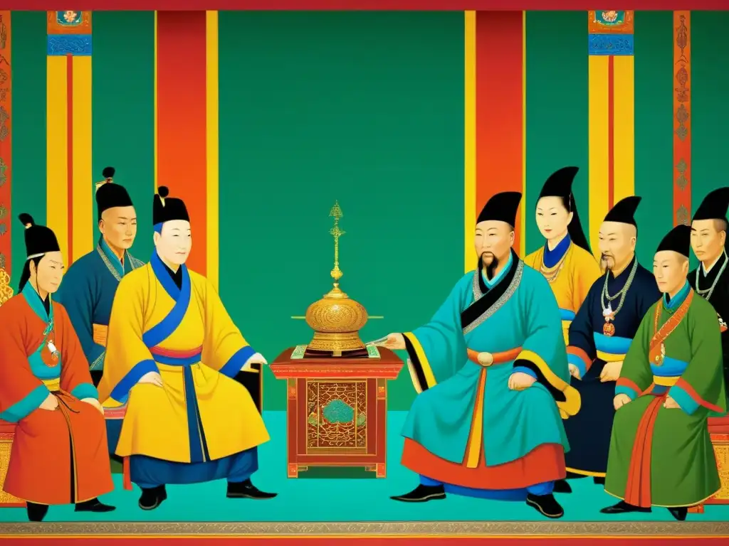 Imponente pintura muestra encuentro diplomático entre enviados mongoles y dignatarios extranjeros, reflejando la opulencia del Imperio Mongol