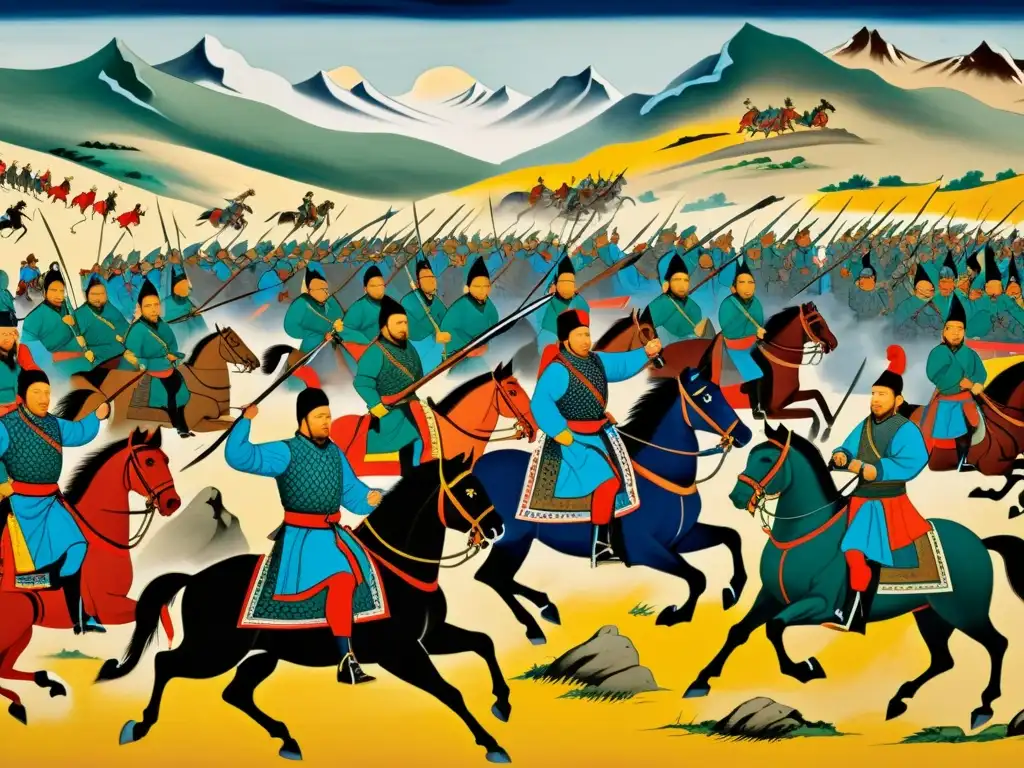 Imponente pintura de guerra del Imperio Mongol, con intensa batalla de soldados a caballo y tácticas militares estratégicas