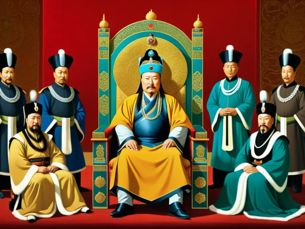 Imponente pintura del Imperio Mongol: Kublai Khan en su corte rodeado de consejeros y generales, muestra su poder y sabiduría