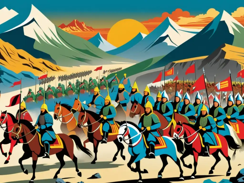 Imponente ilustración de rebeliones contra imperio mongol, con rebeldes a caballo enfrentando a soldados mongoles en paisaje tormentoso