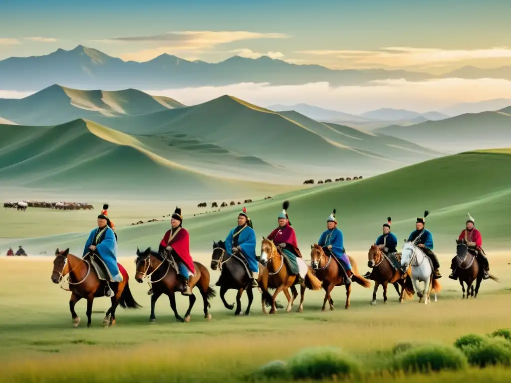 Imponente sistema tributario mongol imperial: recolectores a caballo en vastas llanuras al atardecer