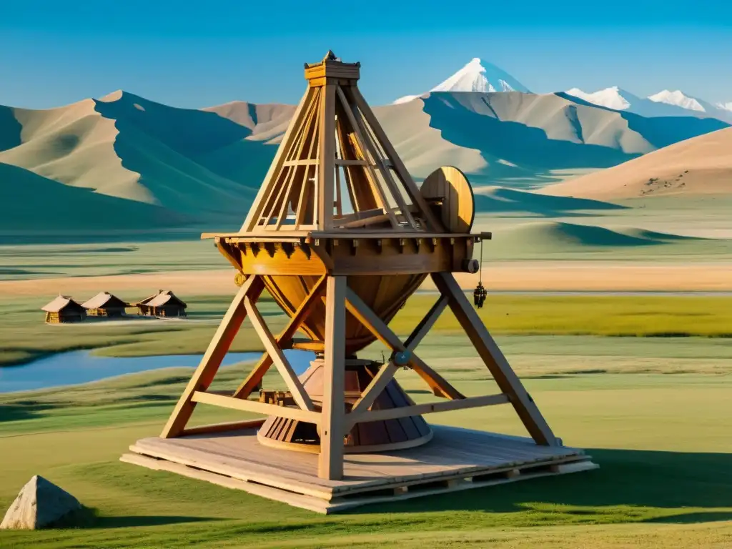 Imponente trebuchet de la ingeniería de asedio del Imperio Mongol, contra un paisaje vibrante y detallado