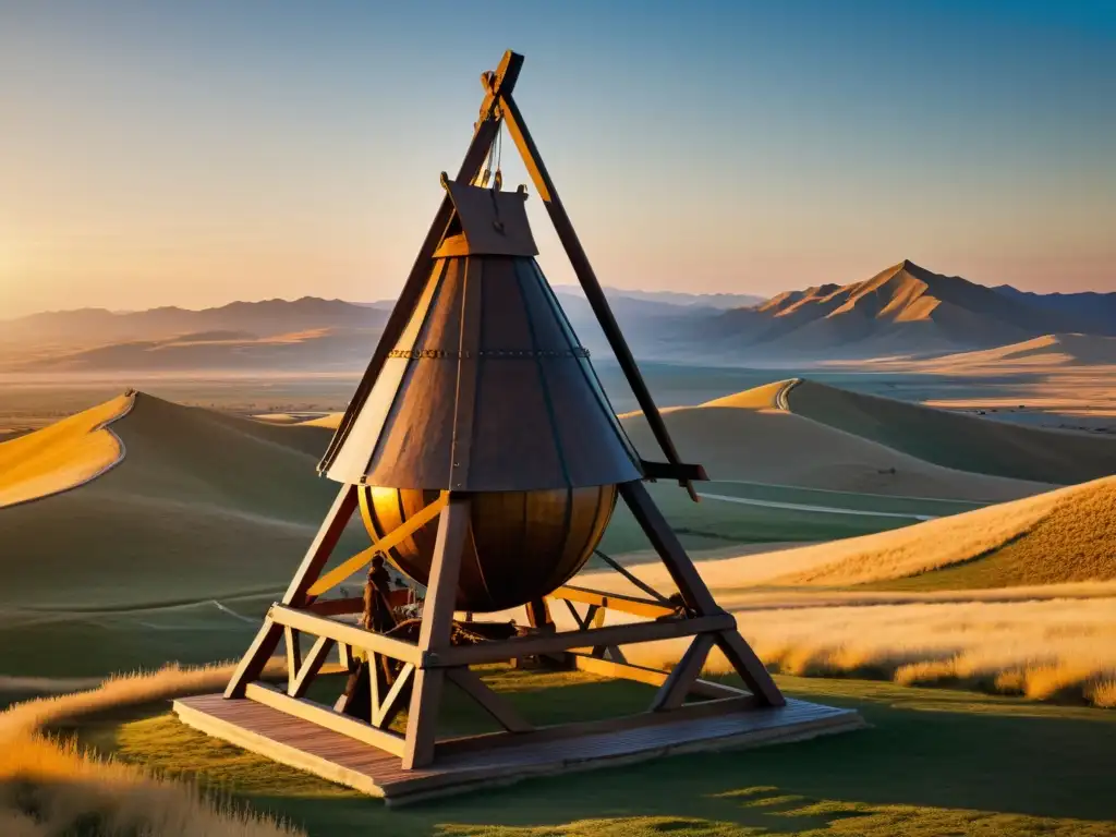 Imponente trebuchet de madera en paisaje mongol al atardecer, mostrando la ingeniería de asedio del Imperio Mongol