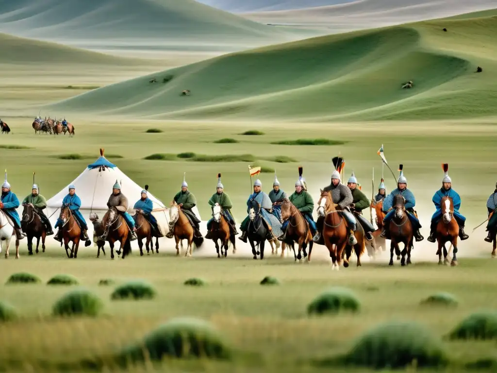 Imponentes guerreros mongoles a caballo en vastas llanuras, evocando estrategias militares expansión Imperio Mongol