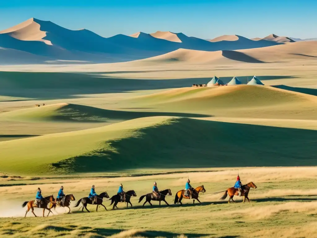 Imponentes guerreros mongoles a caballo en la vasta estepa, con yurtas al fondo