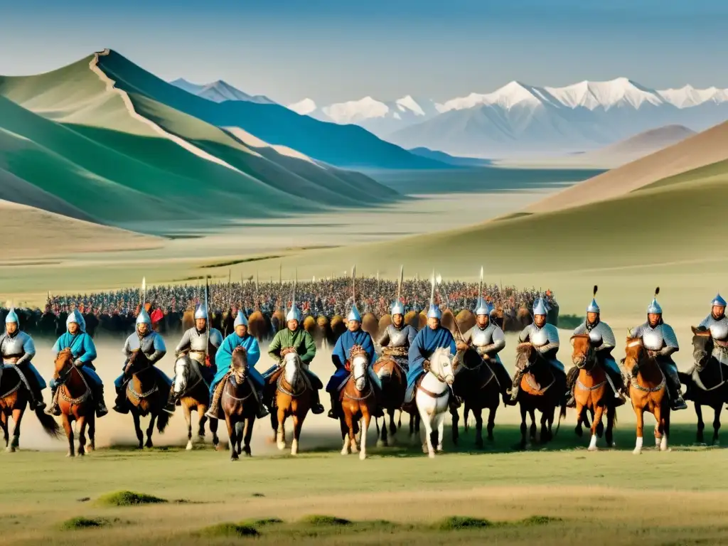 Imponentes guerreros mongoles a caballo en un vasto paisaje, reflejando la estrategia de gobierno en el Imperio Mongol