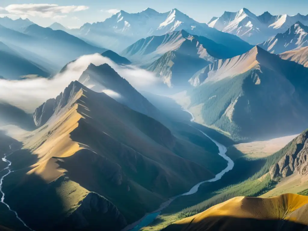 Imponentes montañas Altai: picos majestuosos envueltos en niebla dorada, un paisaje de grandiosidad natural y diversidad