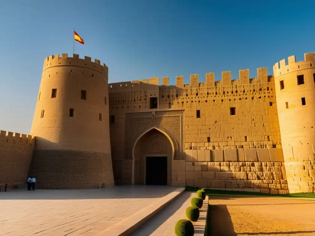 Las imponentes murallas de la antigua Ciudadela de Erbil en Irak, bañadas por la cálida luz dorada del atardecer que proyecta largas sombras