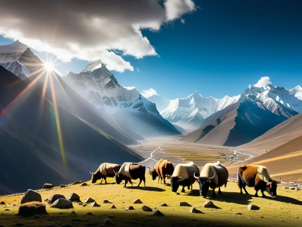 Paisaje épico de los Himalayas: monasterios antiguos y picos nevados Imponentes picos nevados del Himalaya sobre monasterios y banderas de oración tibetanos, reflejando el contacto entre el Imperio Mongol y Tíbet