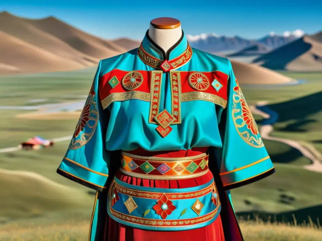 Traje tradicional mongol: bordados y paisajes Importancia de los adornos en la indumentaria tradicional mongola, reflejando la belleza y cultura en un paisaje vasto y colorido