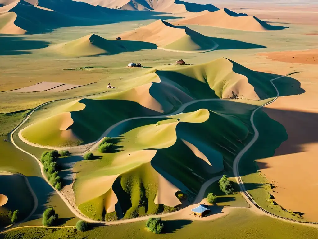 Una impresionante fotografía aérea de Mongolia muestra la belleza agreste del terreno con asentamientos nómadas dispersos