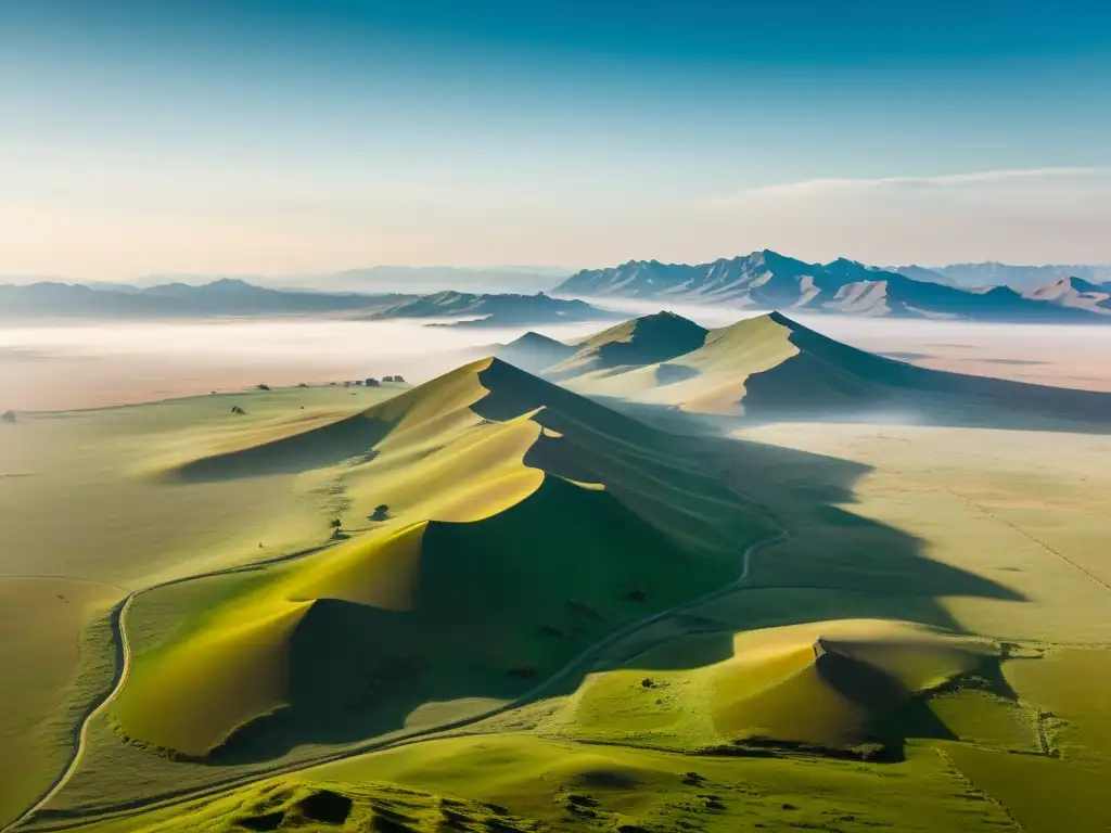 Una impresionante fotografía aérea de la vasta estepa mongola, con el sol proyectando largas sombras sobre el paisaje ondulado