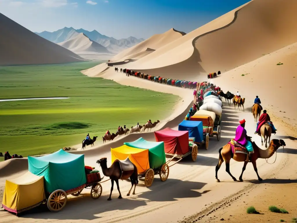 Una impresionante fotografía de la antigua Ruta de la Seda, con un bullicioso mercado y una caravana de camellos