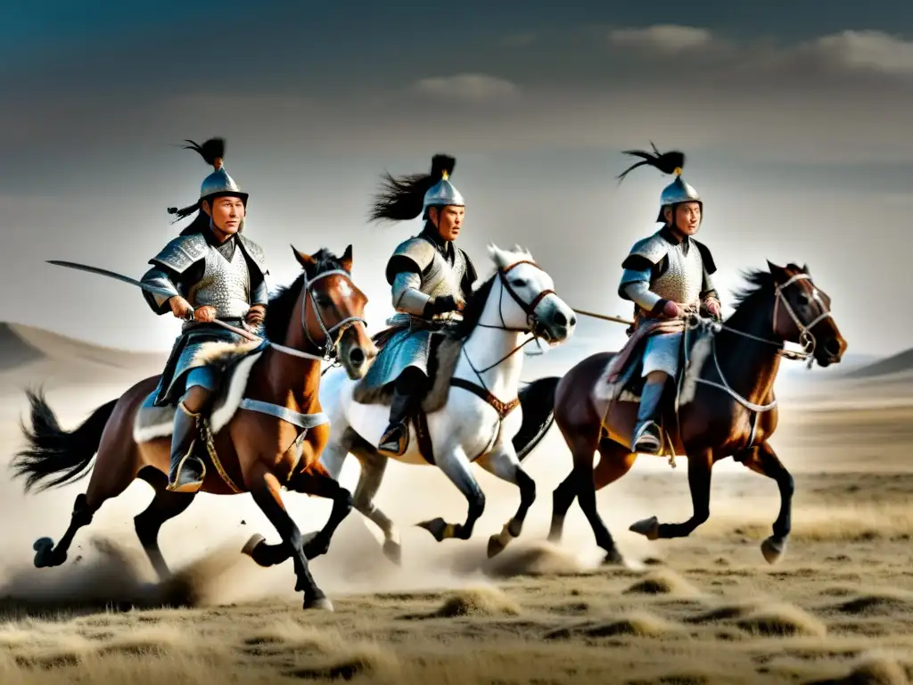 Una impresionante fotografía en blanco y negro de guerreros mongoles a caballo, galopando por la vasta estepa