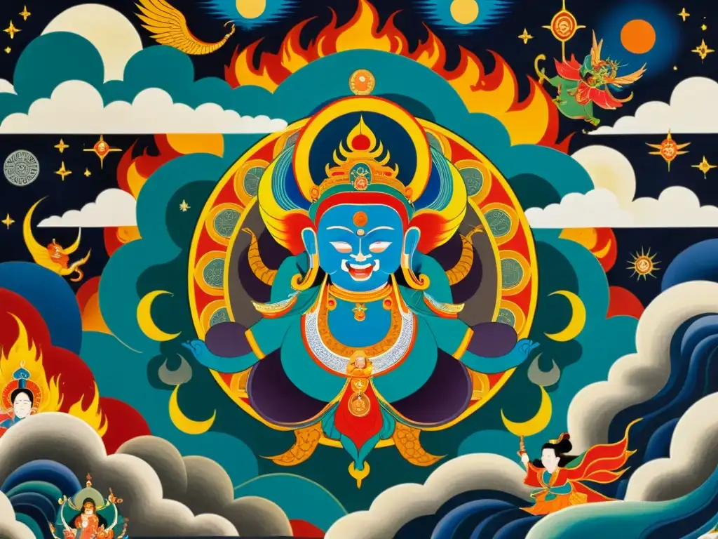 Una impresionante thangka mongola con deidades y demonios en un paisaje cósmico, detallada iconografía y colores vibrantes