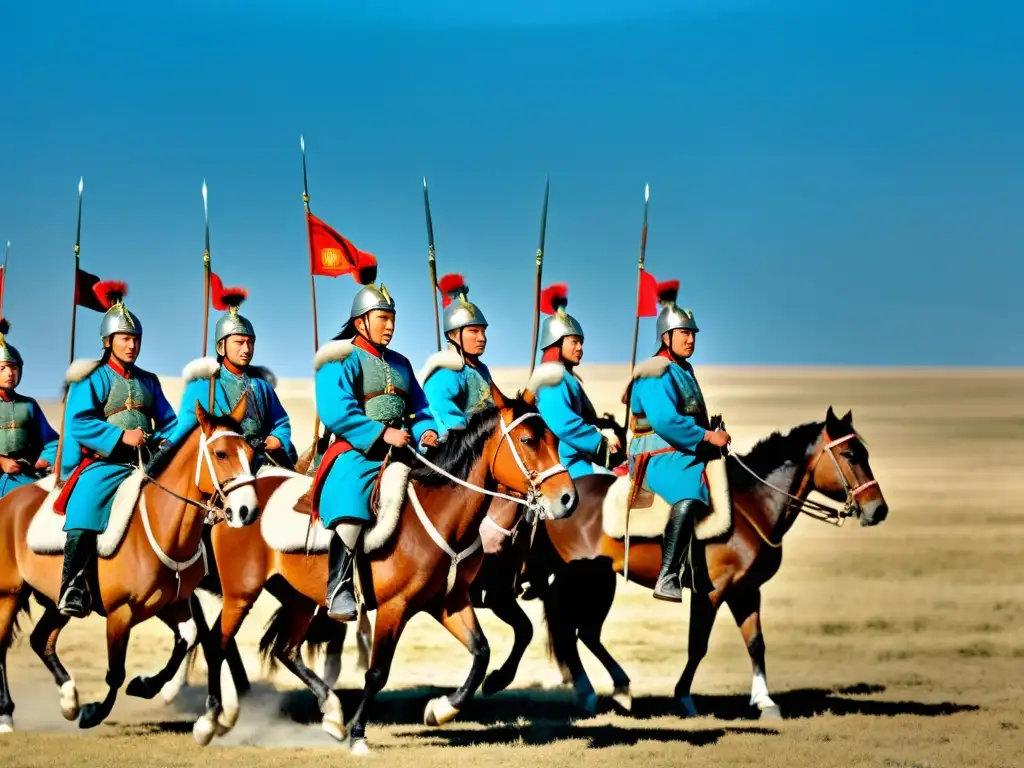 Un impresionante ejército mongol a caballo avanza con determinación en la vasta estepa bajo un cielo azul