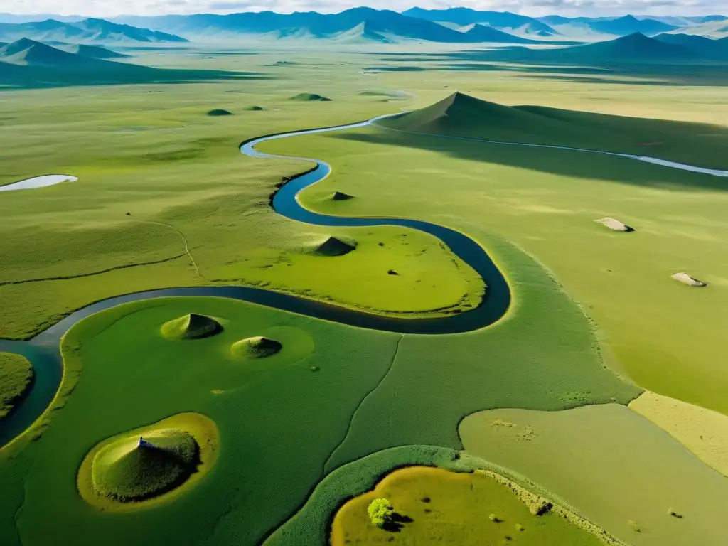 Impresionante imagen aérea de las vastas estepas mongolas, evocando la historia y cultura del Imperio Mongol