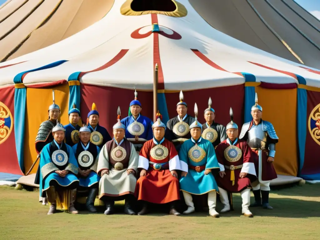 Una impresionante imagen de la corte mongola, con funcionarios y guerreros en atuendos coloridos y un yurta ricamente decorado