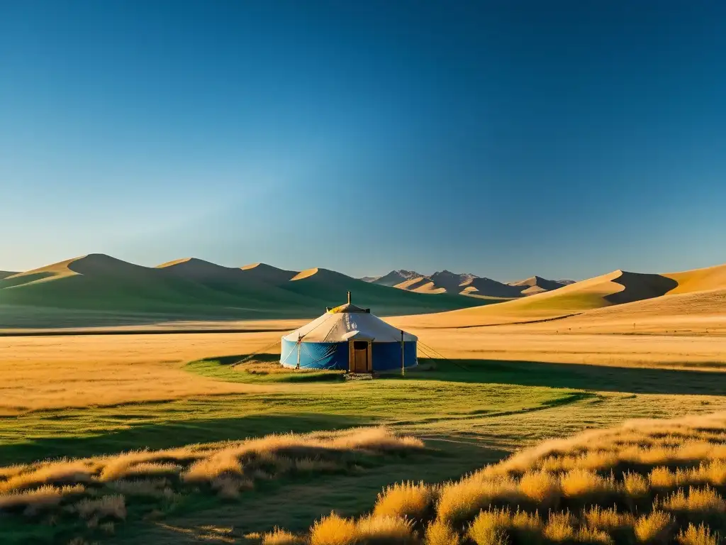 Una impresionante imagen documental de la vasta estepa mongola, con una yurta solitaria frente a las colinas y cielo azul