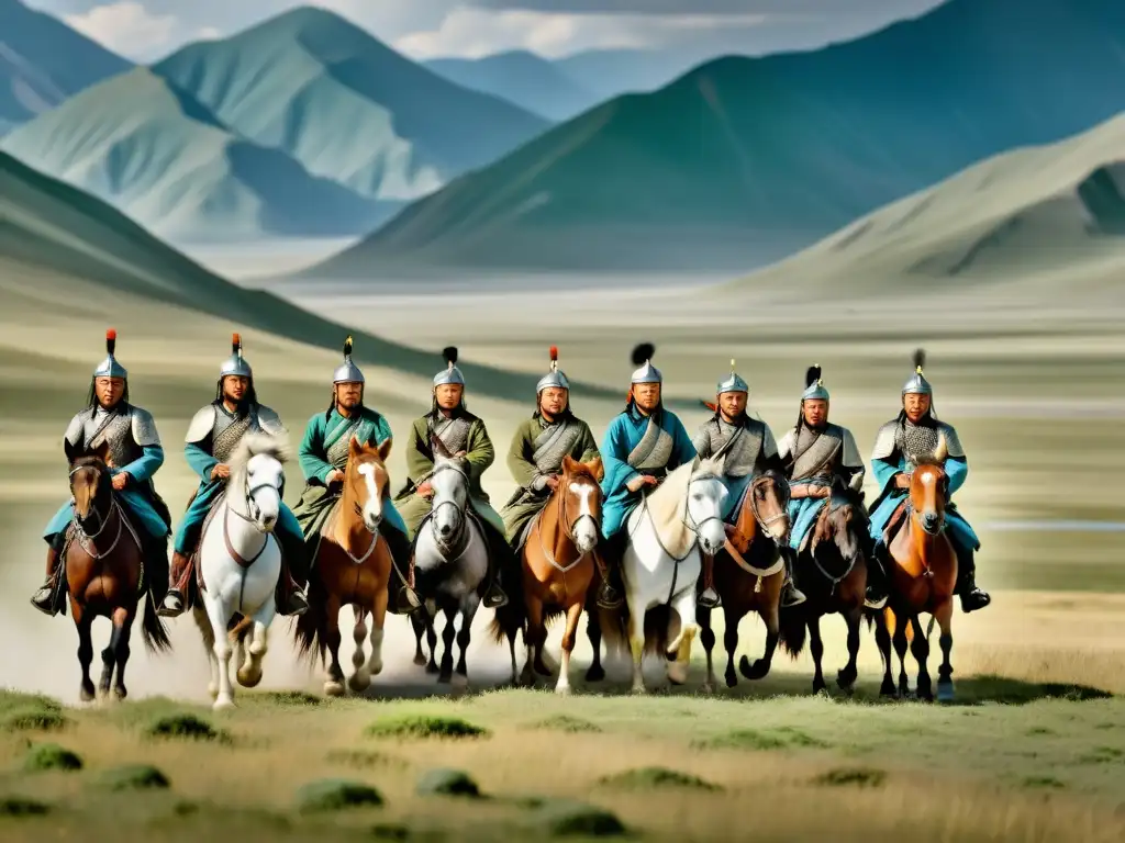 Una impresionante imagen en 8k de la expansión mongola y legado cultural: el ejército de Genghis Khan a caballo, atravesando un vasto paisaje mongol