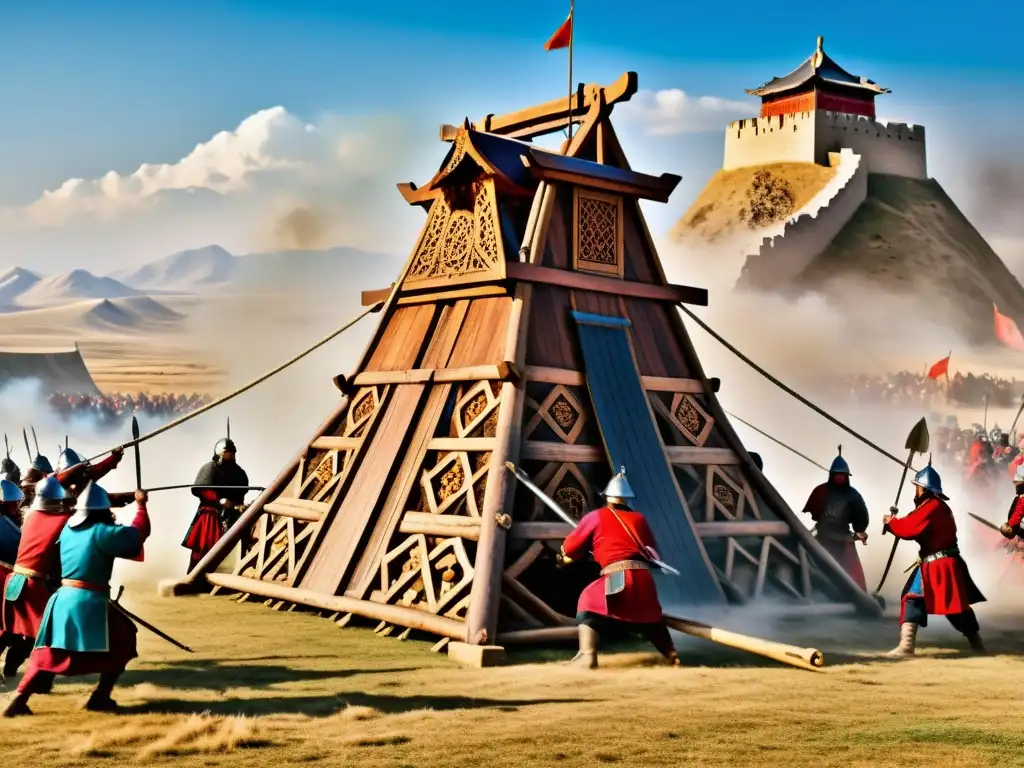 Impresionante imagen de una máquina de asedio del Imperio Mongol en pleno lanzamiento, rodeada de guerreros y una fortaleza bajo ataque