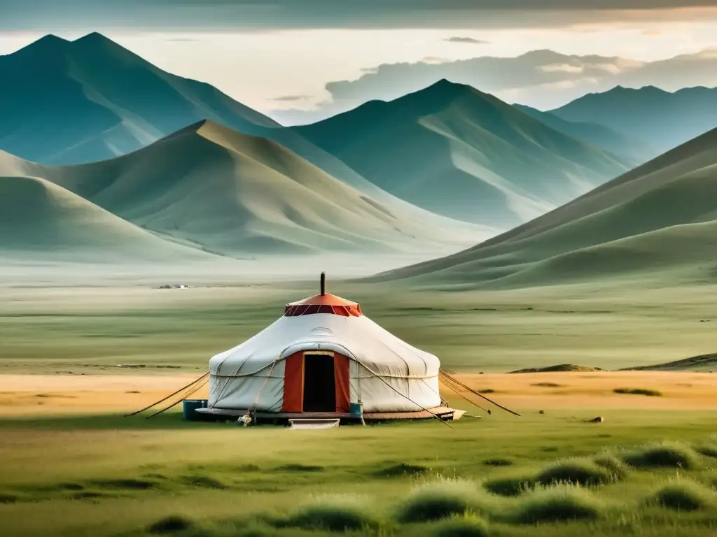 Una impresionante imagen de la vasta estepa de Mongolia con una yurta nómada tradicional