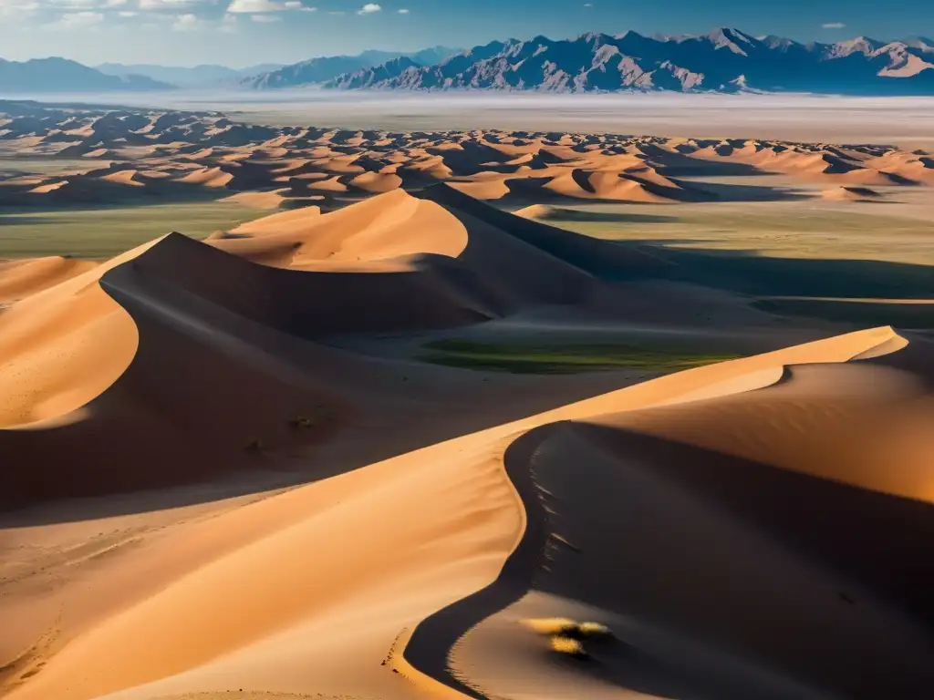 Deslumbrante paisaje del Desierto del Gobi: luces y sombras Una impresionante imagen del vasto y desolado paisaje del Desierto de Gobi, con dunas de arena, picos montañosos y un cielo expansivo