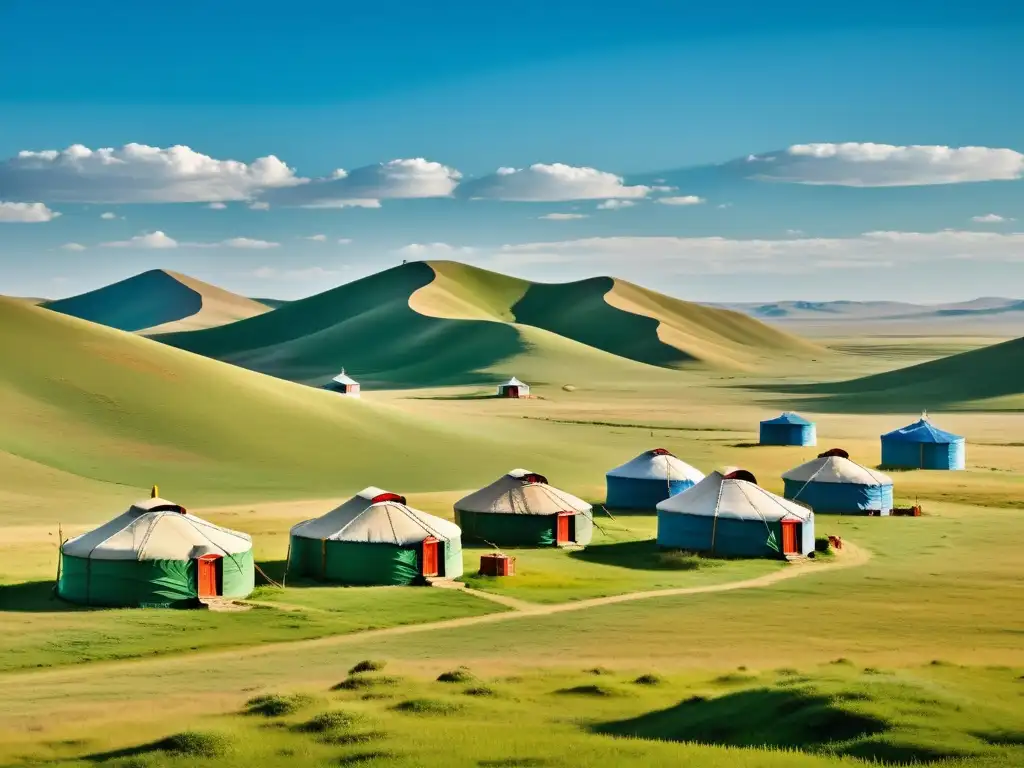 Una impresionante imagen de la estepa mongol, con un vasto paisaje abierto que se extiende hasta el horizonte