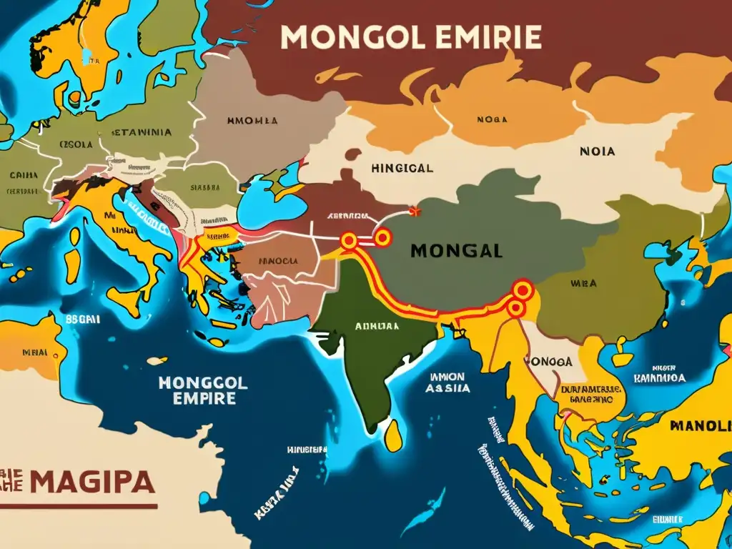 Descubre el impresionante mapa del vasto Imperio Mongol y sus rutas comerciales euroasiáticas, evocando historia y aventura