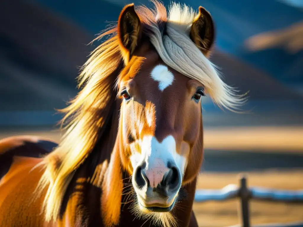 Una fotografía impresionante de la melena de un caballo mongol, capturando cada detalle con un brillo cálido