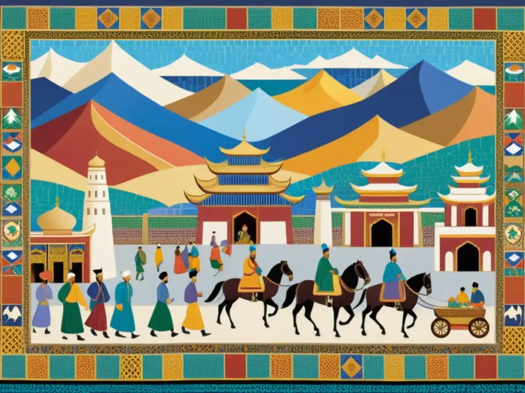 Impresionante mosaico del bullicioso mercado de la Ruta de la Seda, capturando el legado cultural del comercio del Imperio Mongol