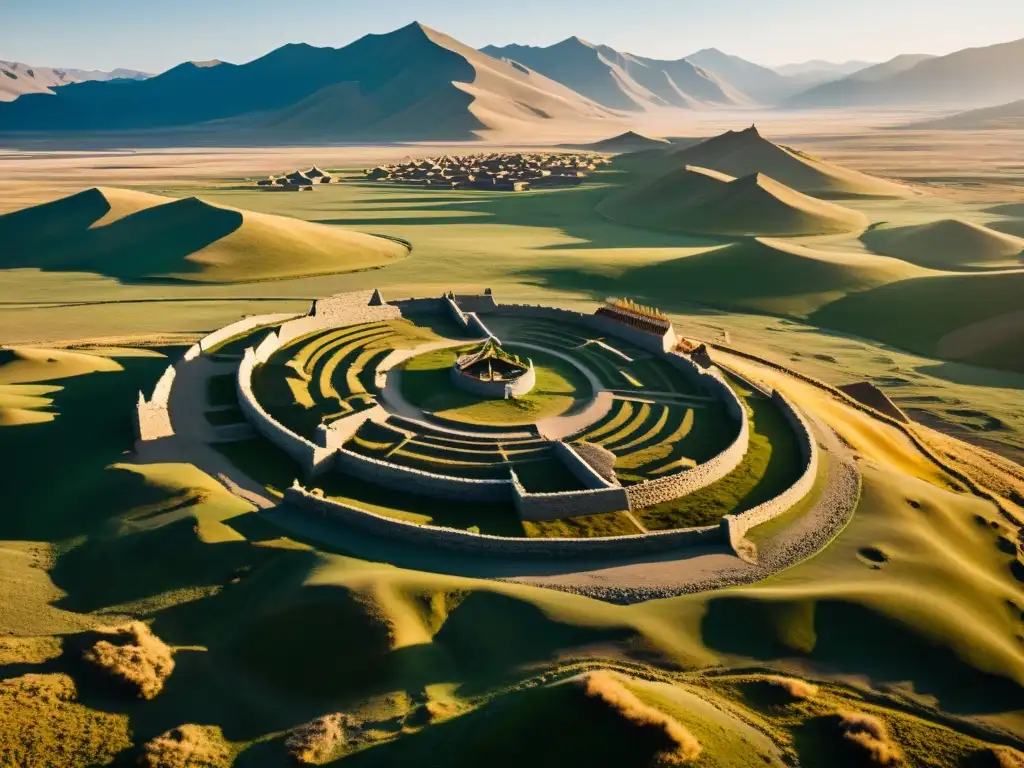 Impresionante paisaje de una antigua batalla mongola con restos de armamento de asedio