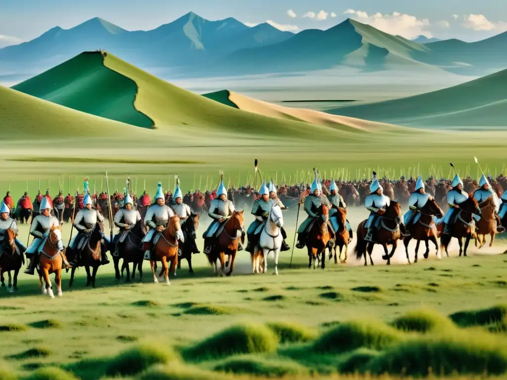 Impresionante paisaje del Imperio Mongol con guerreros a caballo y la vastedad de las llanuras, simbolizando los tributos del Imperio Mongol