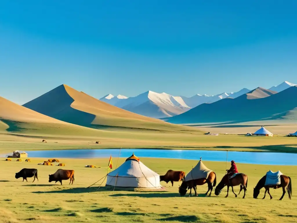 Impresionante paisaje de la estepa mongol con tradiciones nómadas, yurtas y banderas de oración en un día soleado