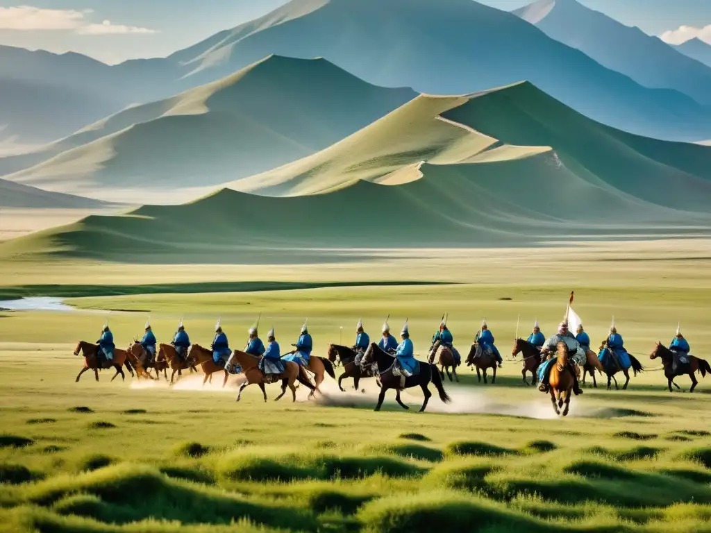 Una impresionante representación del vasto Imperio Mongol, con guerreros nómadas a caballo y yurtas tradicionales