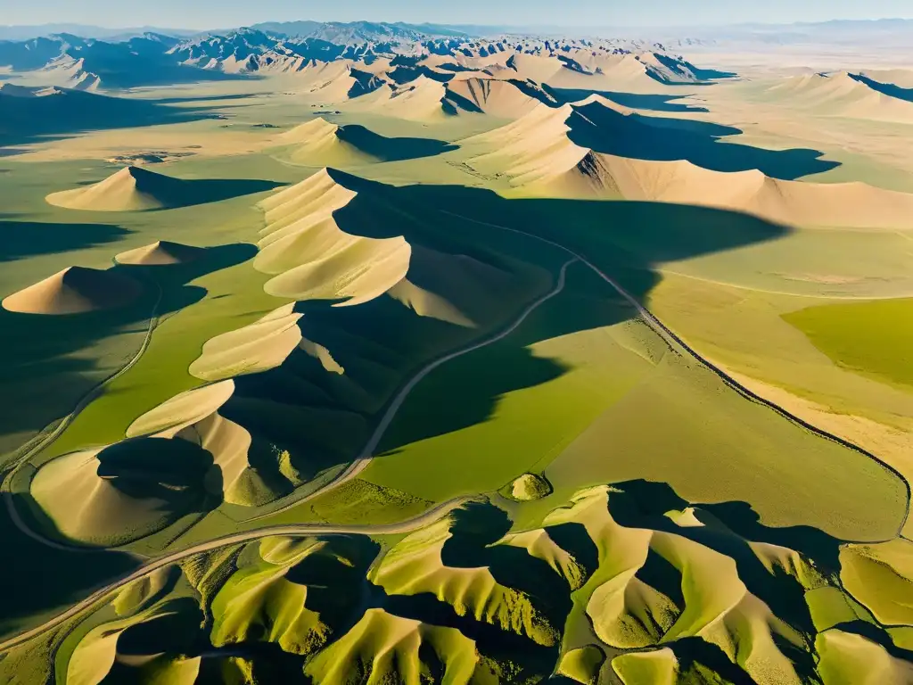 Una impresionante vista aérea de las vastas tierras de Mongolia, revelando su belleza natural y variedad de terrenos