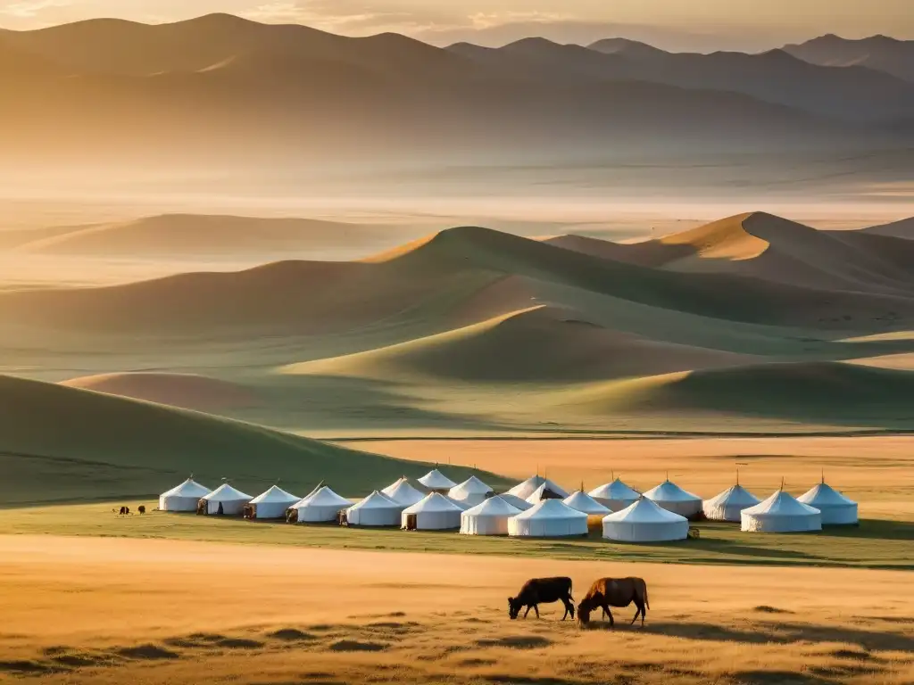 Una impresionante vista de la estepa mongol bajo un atardecer dorado, evocando la belleza y la cultura de la estepa mongol