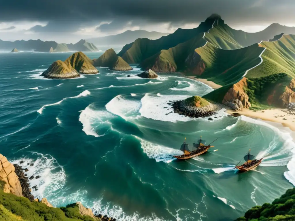 Impresionante vista de la costa coreana con tormenta y armadura mongola antigua, evocando la invasión mongola en Corea